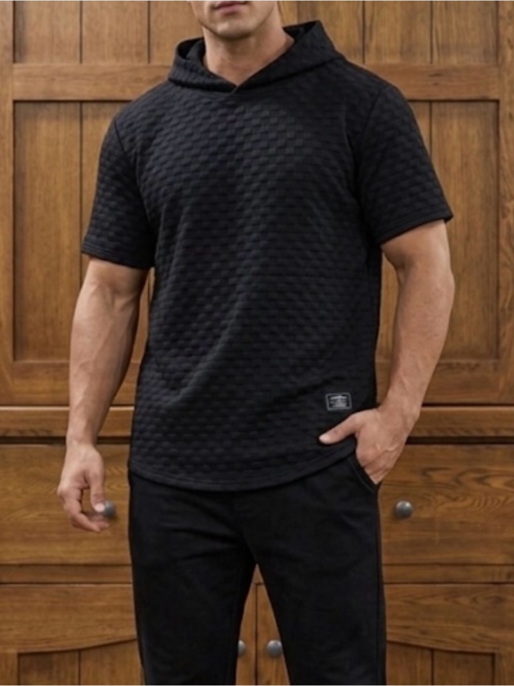 Hoooyi Black Textured Short-Sleeve Hooded Shirt